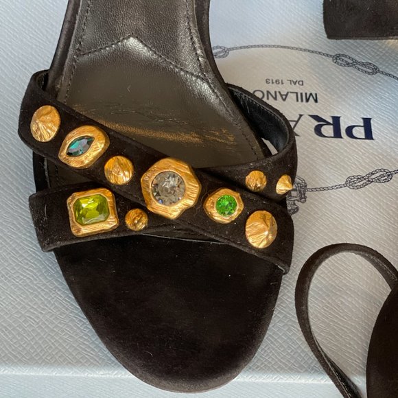 PRADA Black Suede Ankle Strap Sandals Metal Sculptural Gold Heel with Emeralds - Picture 12 of 16